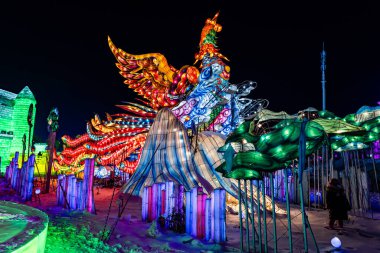 Çin Changchun Buzu ve Kar Xintiandi Buzu ve Kar Heykelleri ve Gece Işığı Manzarası