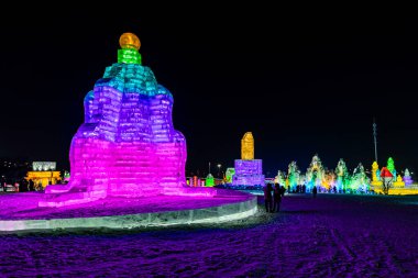 Çin Changchun Buzu ve Kar Xintiandi Buzu ve Kar Heykelleri ve Gece Işığı Manzarası
