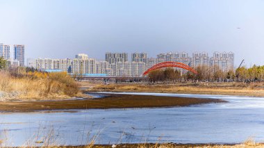 Çin, Changchun 'daki Yitong Nehri boyunca eriyen buz ve karla kaplı bir manzara.