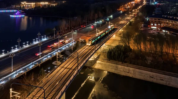 Ночная Сцена Железнодорожного Транзита Чанчуне Китай — стоковое фото