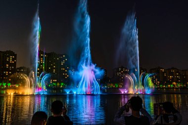 Changchun, Çin 'deki Nanxi Wetland Park Renkli Müzik Fıskiye Gecesi Manzarası