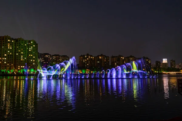 Warna Musik Fountain Night Pemandangan Nanxi Wetland Park Changchun Cina — Stok Foto