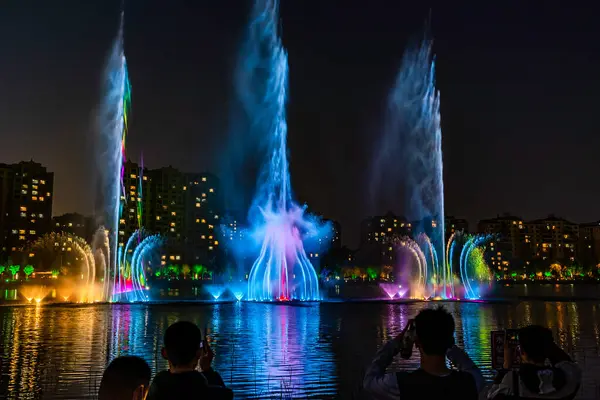 Fontaine Musique Couleur Vue Nuit Parc Des Zones Humides Nanxi — Photo