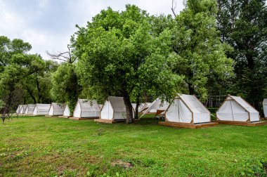 Kamp alanında çadırlar - Nanhu Park 'ın manzarası, Changchun, Çin yazın