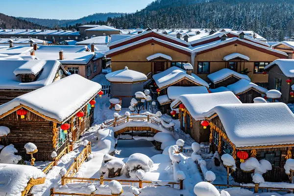 Çin 'in kar kasabasındaki evlerin ve avluların manzarası.