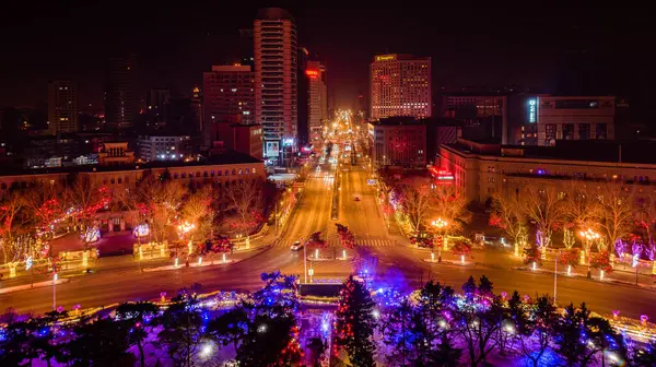 Çin 'deki Changchun şehrinin gece manzarası Ejderha Yılı Bahar Festivali sırasında