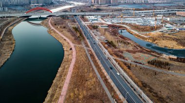 Nanxi Wetland Park manzarası Changchun, Çin 'de ilkbaharın başında