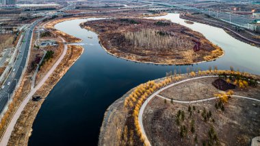Nanxi Wetland Park manzarası Changchun, Çin 'de ilkbaharın başında