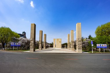 Changchun, Çin 'deki Jilin Üniversitesi' nin yenilikçi kampüsünde kayısı çiçekleri açar.