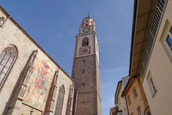 Tour Horloge Avec Cadran Solaire Église San Nicolo Merano Tyrol — Photo
