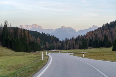 Empty mountain road at Monte Croce pass, Comelico valley, border of Veneto-South Tyrol region, Italy