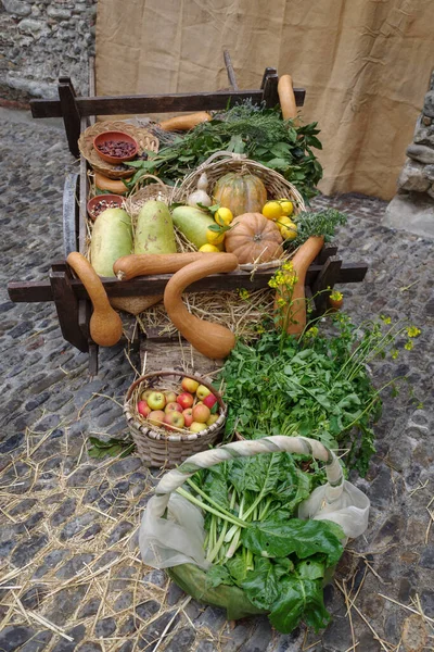 Fruit Plantaardige Kraam Een Middeleeuwse Markt — Stok fotoğraf