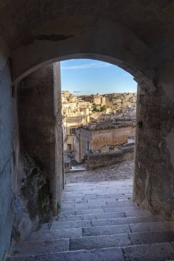 Matera 'nın eski kasabası Sassi di Matera, Basilicata Bölgesi, İtalya. UNESCO Dünya Mirası Alanı