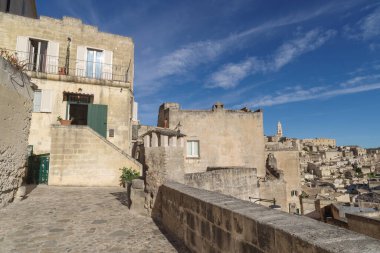 Matera 'nın eski kasabası Sassi di Matera, Basilicata Bölgesi, İtalya. UNESCO Dünya Mirası Alanı