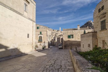 Matera 'nın eski kasabası Sassi di Matera, Basilicata Bölgesi, İtalya. UNESCO Dünya Mirası Alanı