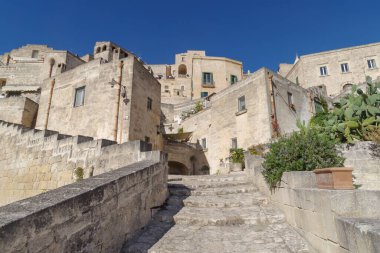 Matera 'nın eski kasabası Sassi di Matera, Basilicata Bölgesi, İtalya. UNESCO Dünya Mirası Alanı