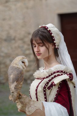 Taggia, İtalya - 23 Şubat 2025: İtalya 'nın Liguria bölgesindeki tarihi Taggia kentinde çeşitli yırtıcı kuşlarla birlikte ortaçağ festivalinde şahin gösterisi