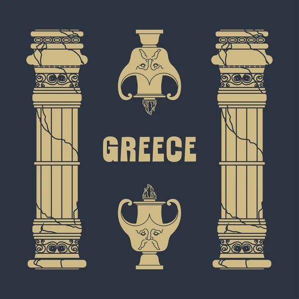 Vector Frame Figures Greek Ancient Column Crack Jug Gold Face — Stock Vector