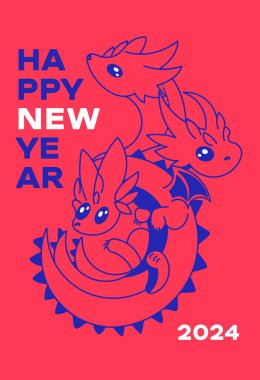 2024 yılının yeni yılı için A5 kartpostalı. Kırmızı arka planda mavi ejderha. Çin yeni yılı. Yazdırmaya hazırız. Yeni yıl konsepti. 2024 Sembolü.