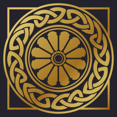 Kelt motiflerine dayanan altın bir çerçeve. Lekeli cam.. 