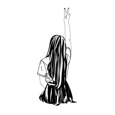  Arkadan Pi işaretli bir kızın siyah beyaz çizimi. Tyanka. Üniformalı kız öğrenci. Öğrenci. Manga.