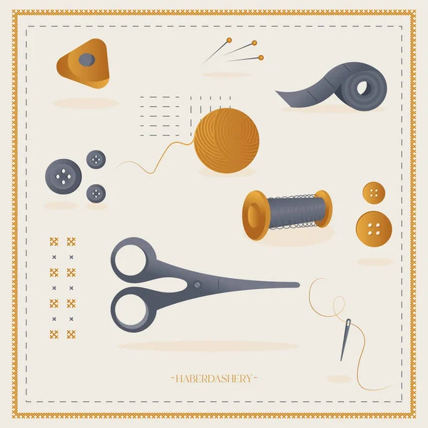 Set Themed Items Gallantry Flat Haberdashery Thread Needles Scissors Pins — Stock Vector