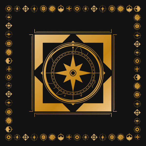 Golden Magic Mechanism. Solar System. Symbolism of the sun god Ra. Frame of planets. Magical signs. Astrology.