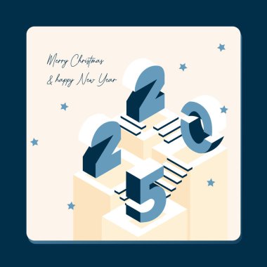 2025 yılı için izometrik tarzda bir kartpostal. İzometrik rakamlar. Selamlar. Tatil günü. Noel zamanı. Yılan yılı. Şekilli yayalar.