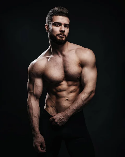 Slim Muscular Male Model Black Background Fitness Shirtless Guy Black — Stock Photo, Image