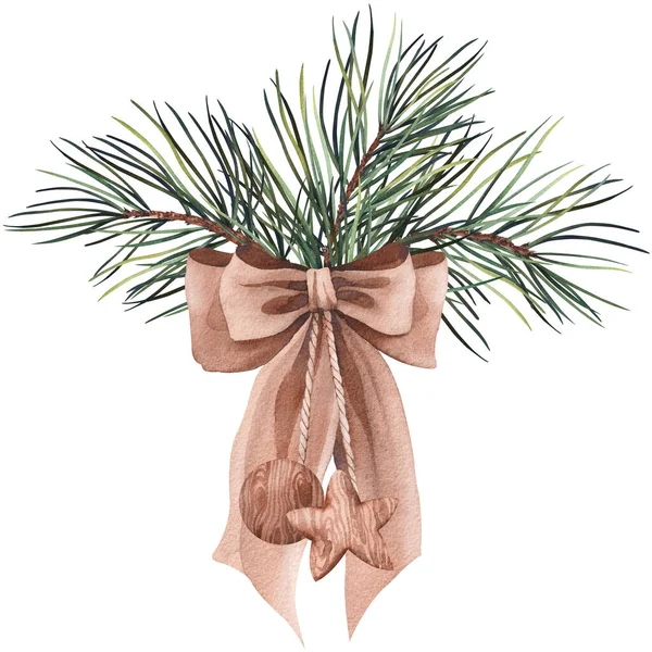 Borovicová Větev Mašlí Vánoční Výzdobou Akvarelové Ilustrace Izolované Bílém Pozadí — Stock fotografie