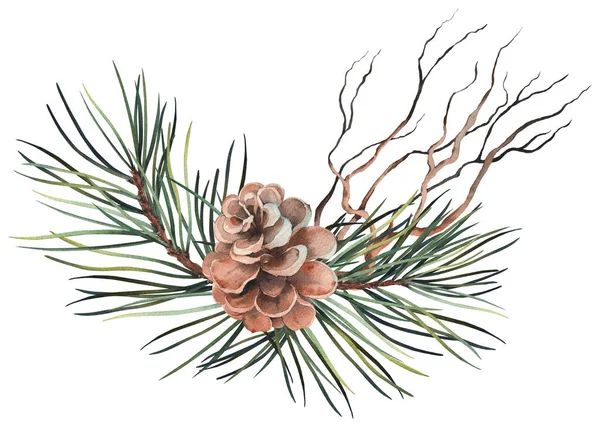 Christmas Pine Branch Arrangement Watercolor Illustration Isolated White Background — Stock Photo, Image