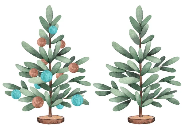 Set Green Christmas Trees Watercolor Illustration Isolated White Background — Stock Photo, Image