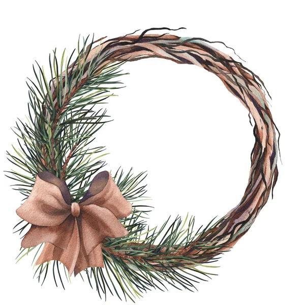 Vánoční Věnec Borovými Větvemi Mašlí Akvarelové Ilustrace Izolované Bílém Pozadí — Stock fotografie