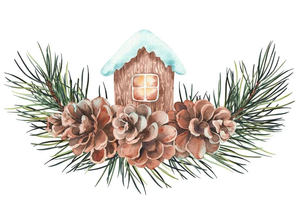 Karácsonyi Elrendezés Fenyőágakkal Fenyőtobozokkal Dekoratív Házzal Akvarell Illusztráció Elszigetelt Fehér — Stock Fotó
