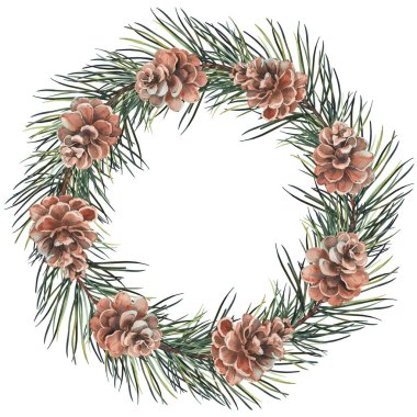 Çam dalları ve kozalaklı Noel çelengi. Suluboya çizimi beyaz arkaplanda izole edildi.
