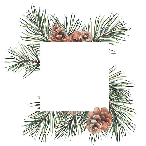 Square forest frame with pine branches and cones. Watercolor illustration on white background.