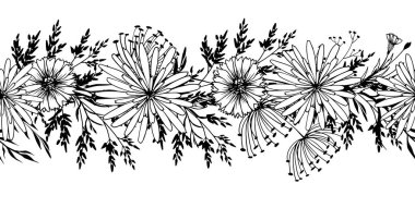 Seamless floral border with decorative wild flowers and herbs. Black and white hand drawn vector illustration.