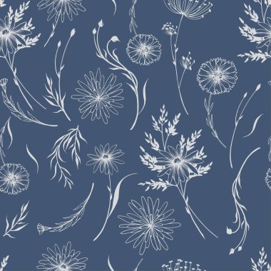 Seamless pattern with decorative wild flowers and herbs. Hand drawn vector illustration on dark blue background.