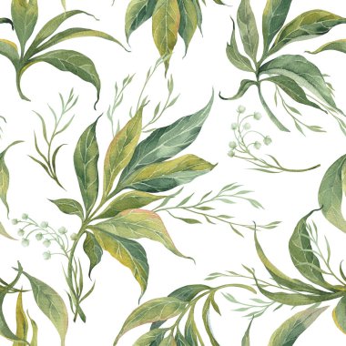 Yeşil yapraklı kusursuz desen. Beyaz arkaplanda suluboya çizimi.