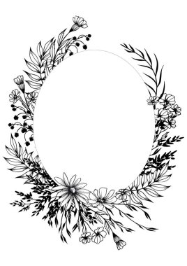 Black and white floral card. Decorative wild flowers frame. Hand drawn vector illustration.