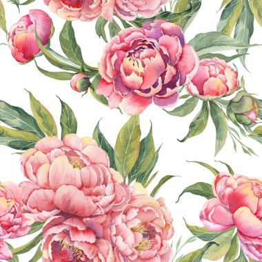 Seamless pattern with peony flowers and leaves. Watercolor illustration on white background.