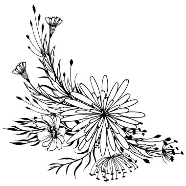 Black and white floral arrangement. Hand drawn wild flowers vector illustration.