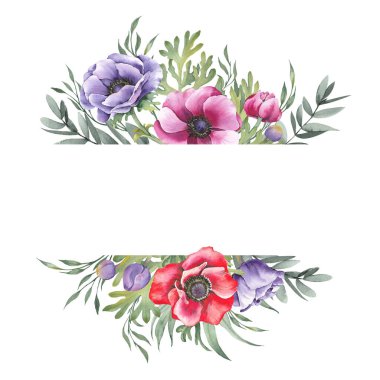 Watercolor anemone flowers greeting frame. Hand drawn illustration on white background.