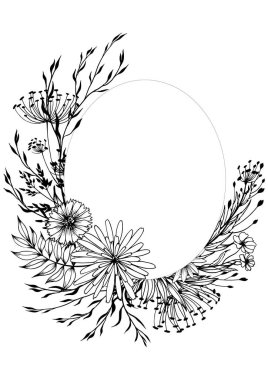 Black and white wild flowers border. Floral card arrangement. Hand drawn vector illustration.