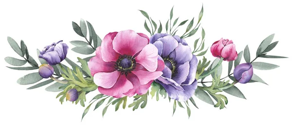 Bunte Anemone Blüht Demi Kranz Illustration Isoliert Auf Weißem Hintergrund — Stockfoto