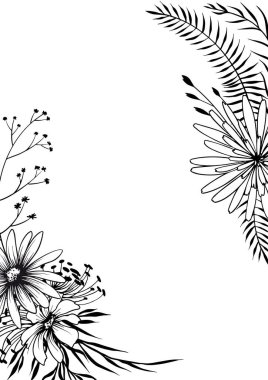Dekoratif el yapımı kır çiçekleriyle süslenmiş çiçek deseni. Siyah ve beyaz vektör çizimi.