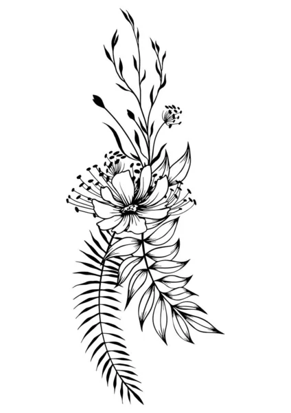 Arrangement Floral Doux Noir Blanc Illustration Vectorielle Fleurs Sauvages Dessinées — Image vectorielle