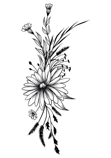 Чорно Біла Ніжна Квіткова Композиція Рука Намальовані Дикі Квіти Векторні — стоковий вектор