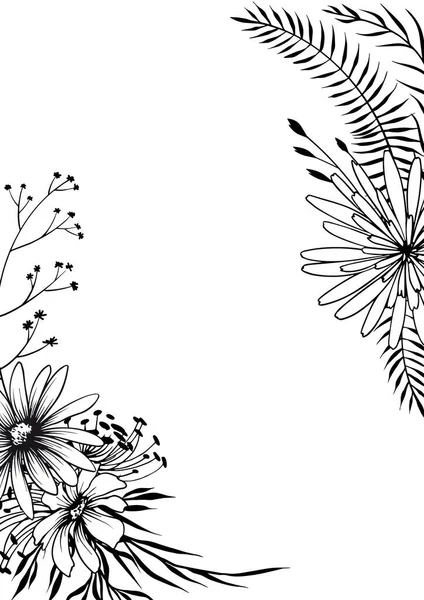 Цветочные Рамки Декоративными Ручными Полевыми Цветами Черно Белая Векторная Иллюстрация — стоковый вектор