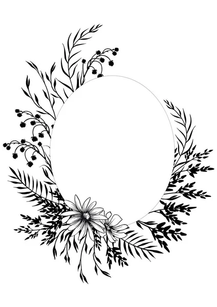 Tarjeta Flores Silvestres Blanco Negro Arreglo Floral Ilustración Vectorial Dibujada — Vector de stock